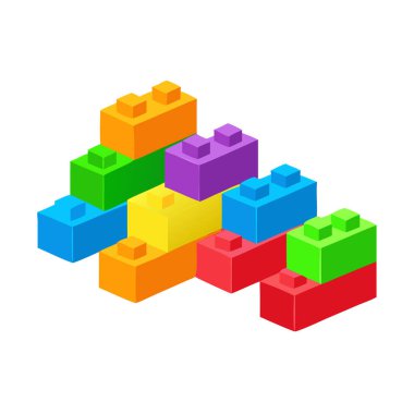 Çeşitli şekil ve boyutlarda renkli karikatür şekilli tuğlalar koleksiyonu..