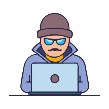 Bilgisayar korsanı bir dizüstü çizgi film simgesi çizimi yürütüyor