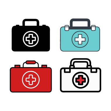 İçinde kırmızı haç sembolü ve tıbbi malzemeler olan ilk yardım çantasının bir çizimi..