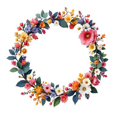 Renkli yaprakları ve dalları dekoratif çerçeve tasarım elementi olan çiçek çember afişi