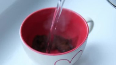 Kuru kakao tozu bardağa kaynar suyla doldurulur, buhar akar. Kahverengi, sıcak çikolata yapmak için doğal malzeme. Yakın plan, beyaz pencere pervazı manzaralı. Yüksek kaliteli görüntüler 4K. Yüksek kalite 4k