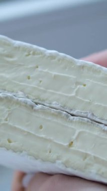 Tezgahın üzerinde peynir var. Camembert Brie peyniri pencere pervazında genç bir kızın elinde. Yüksek kalite 4k görüntü