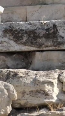 Akropolis 'teki Parthenon tapınağı, antik şehir merkezinde. Avrupa 'nın manzarası yukarıdan. Atina Akropolü, Antik taş basamaklar, restorasyon