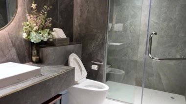 Aynalı, lavabolu, tuvaletli ve cam bölmeli modern gri banyonun içi boş. Yüksek kalite 4k görüntü