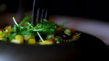 Mutfaktaki tavada yumurta, kabak ve roka ile omlet kızartıyorum. Yüksek kalite 4k görüntü