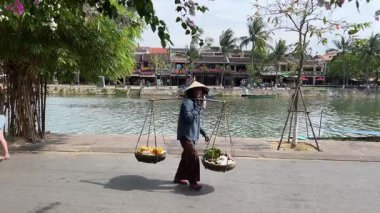 Elinde boyunduruğu ve meyvesi olan bir kadın gelip geçenlere ağır bir sepete dokunmayı teklif ediyor sonra da para istiyor ya da Vietnam 'da para için meyve almak istiyor.