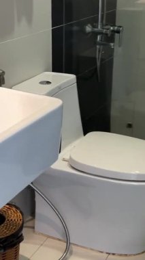 Aynalı, lavabolu, tuvaletli ve cam bölmeli modern gri banyonun içi boş. Yüksek kalite 4k görüntü