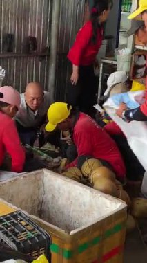 Tulum giymiş hindistan cevizi kesen adamlar restoranda hindistan cevizi kesen büyük siparişler alan birçok hindistan cevizi doğrayan kirli hindistan cevizi dalları. Hoi An Vietnam 05.04.2025 