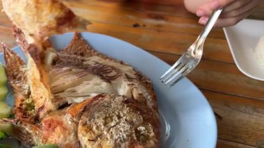 Balık pişirme konusunda seçici bir odaklanma. Izgarada marine edilmiş balık pişirme ve kızartma. Thunnini kömür üstünde ızgara yaptı. Yaz barbeküsü el balığı terbiye eder. Yüksek kalite 4k görüntü