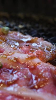 Arkadaşlarla piknik. Arkadaşlarla yaz barbeküsü. Izgara domuz eti, biftek, kuzu, tavuk ve sebze. Izgarayı açarken yakın çekim. Parti için barbekü et ızgarası. Yüksek kalite 4k görüntü