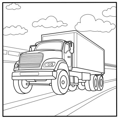 Otoyoldaki kargo kamyonu, çocukların ulaşım ve büyük araçları öğrenmeleri için eğlenceli boyama sayfası.