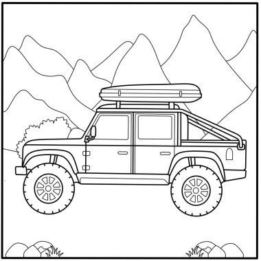 Çatı boyama çadırı olan karikatür off-road aracı. Çocukların baskı tabloları, seyahat temaları ve açık hava faaliyet tabloları için macera arabası taslağı