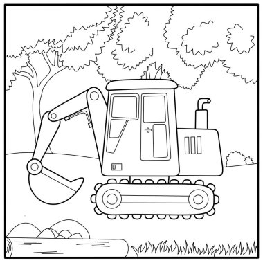 Çizgi film kazıcı boyama sayfası. Çocukların basım tabloları, erken eğitim ve eğlence faaliyet tabloları için ana hatlı inşaat kazıcı