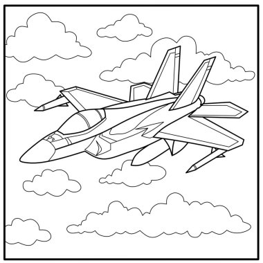 Karikatür savaş uçağı bulutların arasında uçuyor. Çocukların basılabilir tabloları, havacılık temaları ve faaliyet tabloları için askeri uçak taslağı.