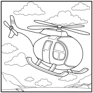 Dağların ve bulutların üzerinde uçan çizgi film helikopteri. Çocuk boyama sayfaları, havacılık temaları ve etkinlik sayfaları için uçak taslağı