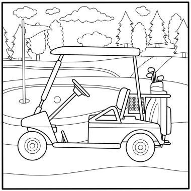 Golf sahasında bayrak ve sopalarla çizgi film golf arabası. Çocuk boyası, hobi teması ve boş zaman aktivite sayfaları için spor araç taslağı