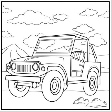 Bir çöl manzarasında off-road Jeep çizgisi sanatı, çocuk boyama sayfaları için mükemmel, otomotiv temaları, macera basılabilir tabloları, ve açık hava aktivite kitapları