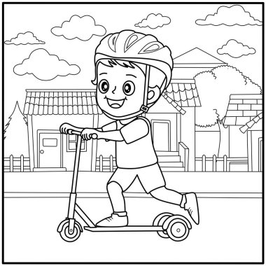 Banliyöde bir sokakta scooter süren sevimli bir çocuk, çocuk aktiviteleri için neşeli bir boyama sayfası kadar mükemmel, açık hava oyunları temaları, ve anaokulu boyama kitabı tasarımları..