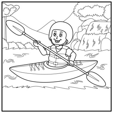 Şelale geçmişi olan bir nehirde kano süren sevimli bir çocuk. Açık hava aktiviteleri, macera temaları ve çocuk boyama kitabı projeleri için harika bir boyama sayfası.