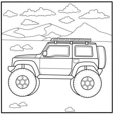 Çölde bir off-road arabasının olduğu sayfayı boyayan çocuklar, basılabilir etkinlikler, otomotiv temaları ve macera çizimleri için mükemmel.