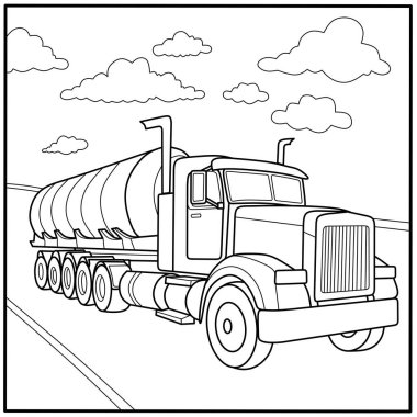 Tanker kamyon boyama sayfası, bulutlu bir yolda büyük bir petrol kamyonu, çocuk yazıcıları, ulaşım temaları ve endüstriyel çizimler için mükemmel