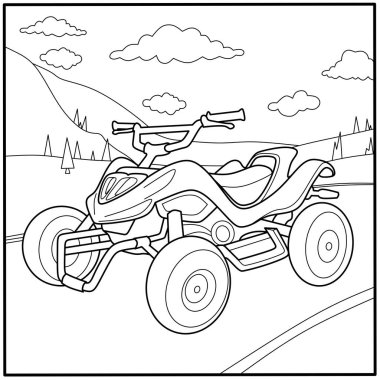 Dörtlü bisiklet (ATV) dağlı ve ağaçlı boyama sayfası, çocuk yazıcıları, macera temaları ve açık hava çizimleri için mükemmel.
