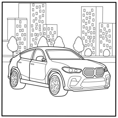 Modern şehir ortamında lüks SUV araba boyama sayfası, çocuk yazıcıları, otomotiv temaları ve kentsel yaşam tarzı çizimleri için mükemmel.
