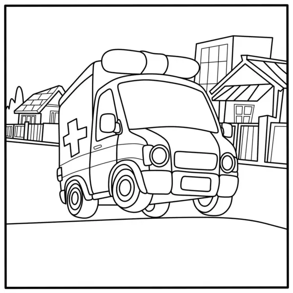Siyah beyaz çizgili caddede şirin bir ambulans. Sayfaları boyamak, basılabilir tablolar ve erken eğitim için mükemmel..