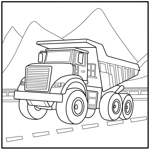 Dağ yolunda çizgi film kamyonu. İnşaat araçlarını öğrenen çocuklar için eğlenceli ve eğitici renklendirme sayfası.