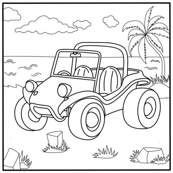 Tropikal plajda çizgi film arabası, çocuklar için eğlenceli boyama sayfası palmiye ağacı ve okyanus geçmişi olan bir off-road arabası.