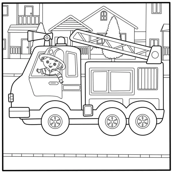 Çizgi film itfaiye arabası ve mutlu bir itfaiyeci. Çocuk boyama sayfaları, eğitim yazıcıları ve şehir temaları için toplumsal yardımcı araç taslağı