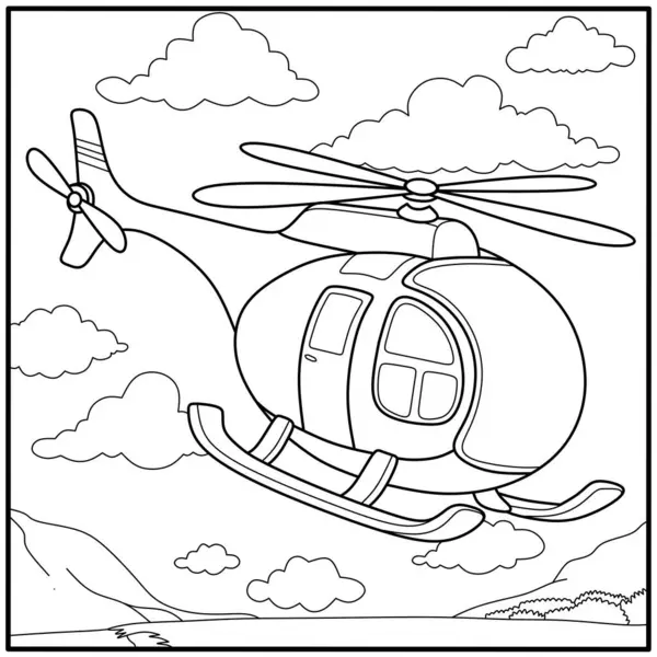 Dağların ve bulutların üzerinde uçan çizgi film helikopteri. Çocuk boyama sayfaları, havacılık temaları ve etkinlik sayfaları için uçak taslağı