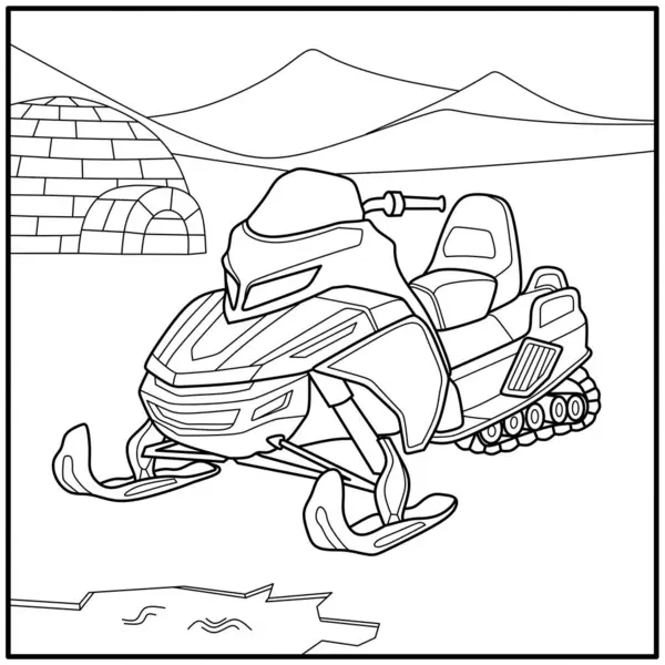Eskimo evi ve dağları olan kar gezici boyama sayfası, çocuk yazıcıları, kış sporları temaları ve Kuzey Kutbu macera çizimleri için mükemmel.