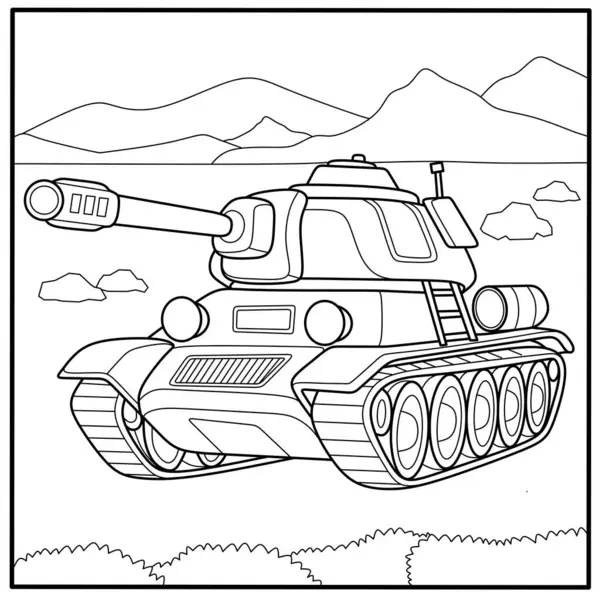 Dağları ve arazisi olan askeri tank boyama sayfası çocuk yazıcıları, ordu temaları ve araç çizimleri için mükemmel.