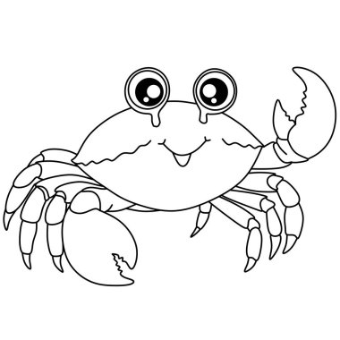 Siyah beyaz çizgi sanatı olan şirin bir yengeç, çocukların boyama sayfaları ve eğitici okyanus hayvanlarının basılabilirliği için mükemmel.