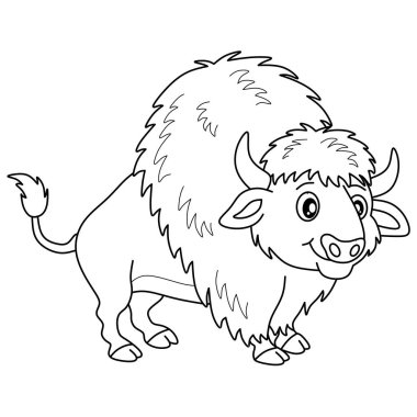 Tüylü ve boynuzlu şirin çizgi film bizonu, çocuk boyama sayfaları için mükemmel, Kuzey Amerika vahşi yaşamı, ve otlak hayvan teması