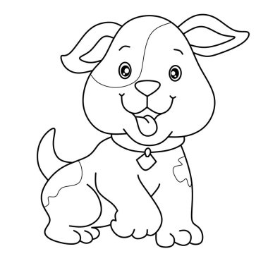Siyah beyaz çizgi sanatı olan şirin bir çizgi film köpeği, çocuk boyama sayfaları ve basılabilir hayvan malzemeleri için mükemmel.