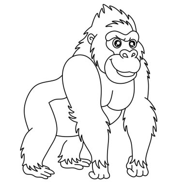 Siyah beyaz çizgi sanatı olan dost canlısı çizgi film gorilleri, çocuk boyama sayfaları ve eğitici orman hayvanları için mükemmel basılabilir.