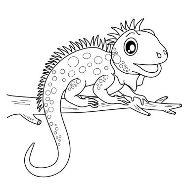 Siyah beyaz çizgi sanatı dalında dostane çizgi film iguanası, çocuk boyama sayfaları ve eğitici sürüngen baskı tabloları için mükemmel.
