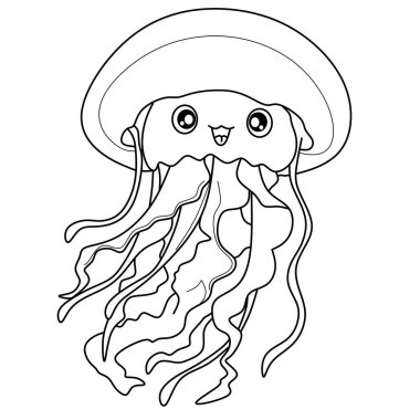 Siyah beyaz çizgili şirin denizanası çizgi filmi, çocuk boyama sayfaları ve eğitici okyanus hayvanlarının basılabilirliği için mükemmel.