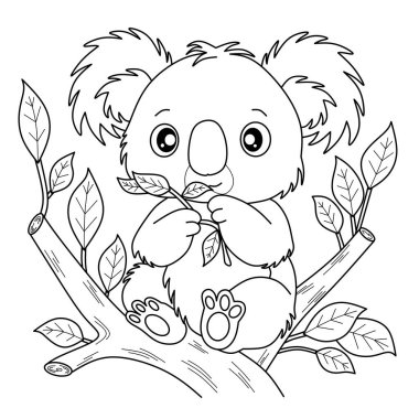 Siyah beyaz çizgili yaprakları yiyen sevimli koala çizgi filmi, çocuk boyama sayfaları ve eğitici Avustralya hayvanlarının basılabilir baskısı için mükemmel.