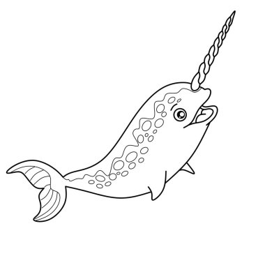 Siyah beyaz çizgili boynuzlu şirin bir deniz gergedanı, çocuk boyama sayfaları ve eğitici okyanus hayvanlarının basılabilirliği için mükemmel.