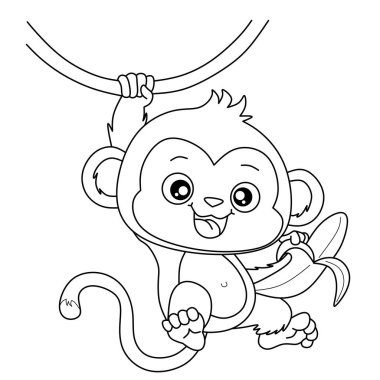 Çizgi film maymunları siyah beyaz çizgi sanatı içinde muz asıp yiyorlar. Çocukların boyama sayfaları ve eğitici orman hayvanlarının basılabilir yazıları için mükemmel.
