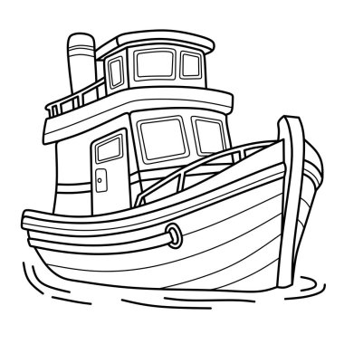 Siyah beyaz çizgili şirin bir römorkör, çocukları boyamak için mükemmel sayfalar, deniz taşımacılığı temaları ve basılabilir deniz aktiviteleri..