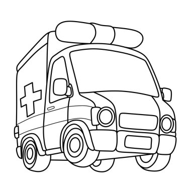 Siyah beyaz çizgili şirin bir ambulans, çocukları boyamak için mükemmel sayfalar, ulaşım temaları ve acil durum araçları basılabilir.