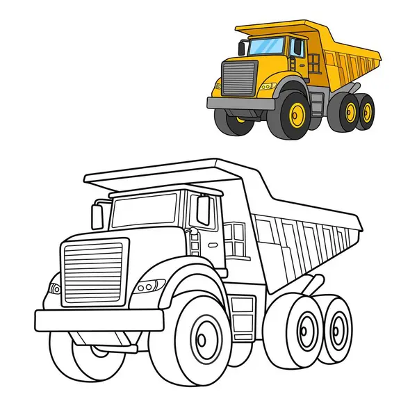 Siyah beyaz çizgili şirin bir çizgi film çöp kamyonu. Renkli bir numuneyle. Sayfaları boyamak, inşaat temaları ve basılabilir araçlar için ideal.