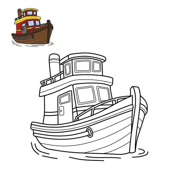 Siyah beyaz çizgili şirin bir römorkör, renkli bir örnek, sayfaları boyamak için ideal, denizcilik aktiviteleri, ve eğitim amaçlı basılabilir.