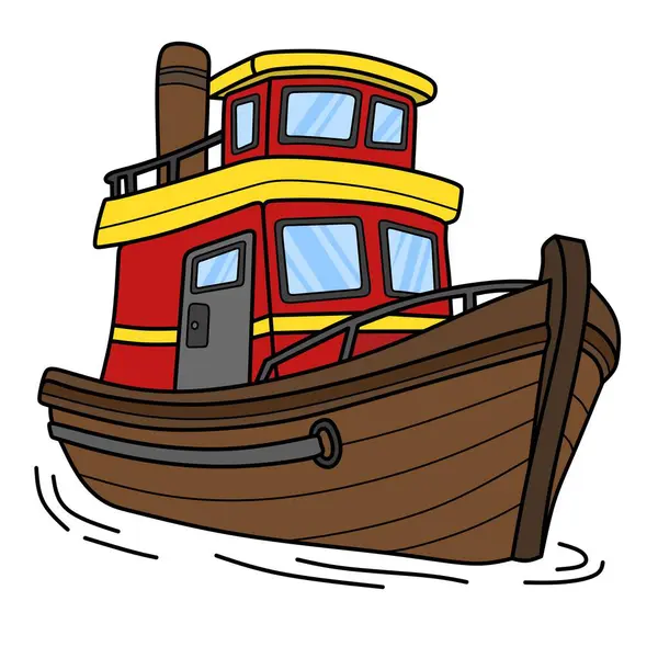 Suyun üzerindeki renkli karikatür römorkörü, çocukların deniz illüstrasyonları, ulaşım temaları ve deniz temalı tasarımlar ve basılabilir tablolar için ideal.