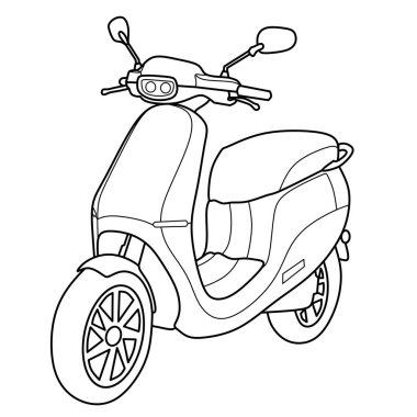 Renkli sayfalar, kentsel ulaşım temaları ve sürdürülebilir araç çizimleri için ideal siyah beyaz mobiletlerle modern elektrikli scooter anahatları