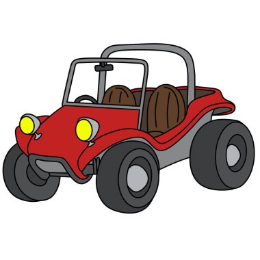 Canlı bir kırmızı çizgi film kum arabası çizimi, araç tutkunları, off-road macera temaları ve eğlenceli otomotiv tasarımları için mükemmel.